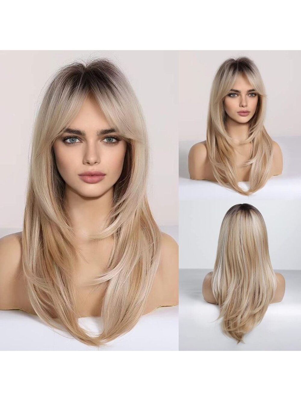 Women Ombre blonde Heat Resistant Long Curly Shoulder Length Synthetic Wigs
